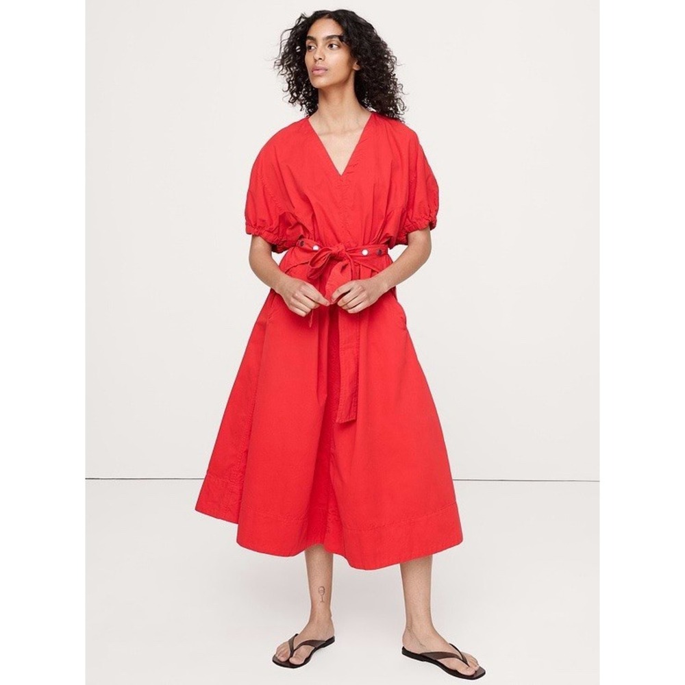 The Banana Republic Women's Twill Midi Dress Bright Pink Puff Sleeve XL